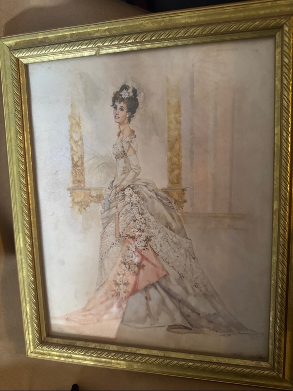 Vintage Rare Avon Romantic Lady in Ballgown Framed Print - Gold Frame 10x12